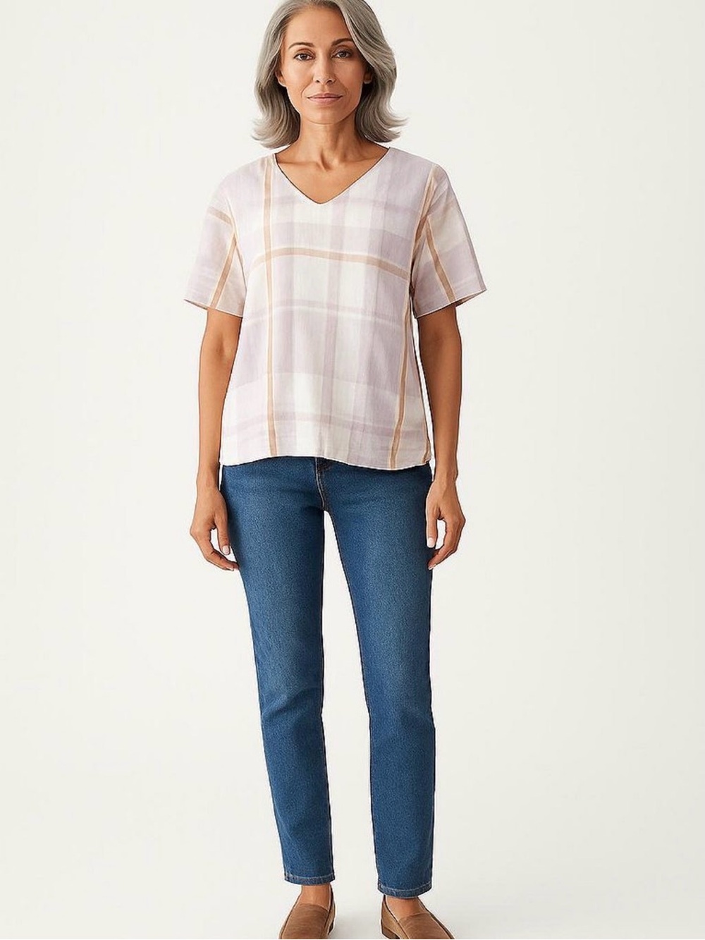 Orvis Purple Plaid V-Neck Short Sleeve Blouse